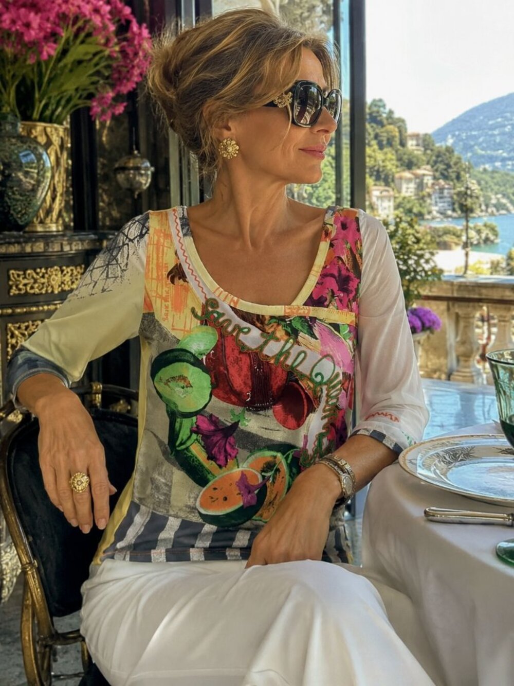 SAVE THE QUEEN! Italy Graphic Print Mesh Top Wearable Art 3/4 Sleeve Maximalist